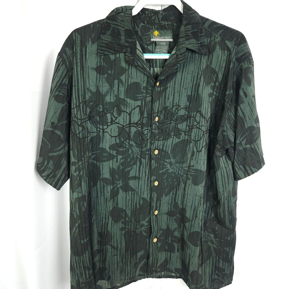Island Tropics Green Gray Tropical Hawaiian Short Sleeve Shirt‎ Men's Large
